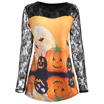 

Plus Size Halloween Pumpkin Moon Lace Insert T-Shirt, Orange