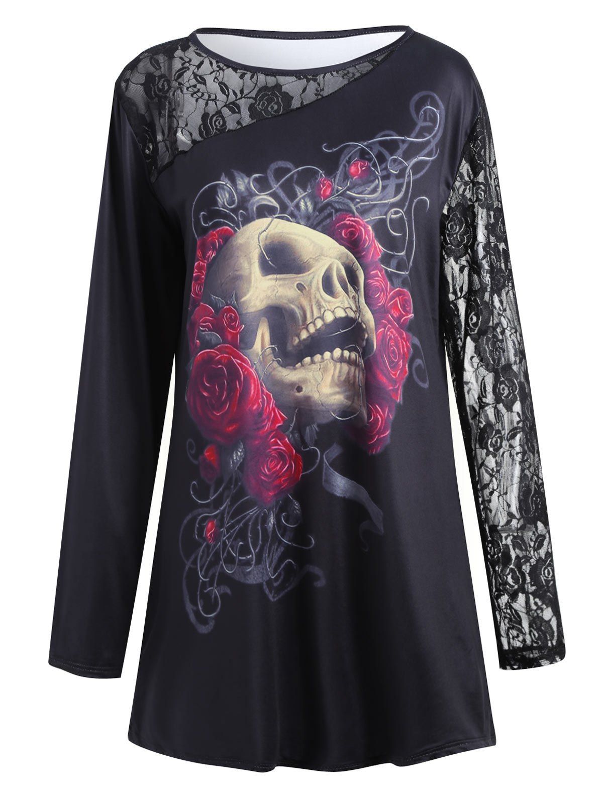 

Lace Insert Floral Skull Halloween Plus Size T-shirt, Black