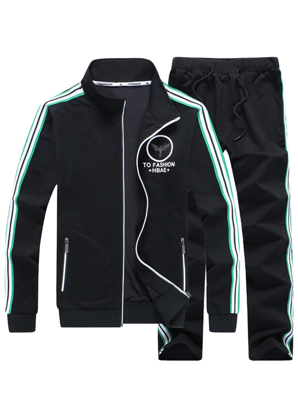 

Graphic Print Mesh Panel Stripe Zip Up Jacket Twinset, Black