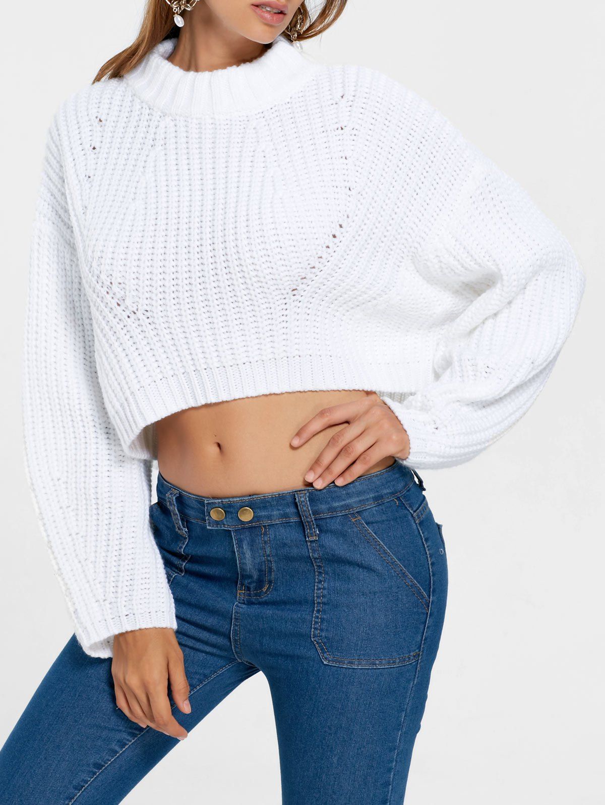 Batwing Sleeve Crop Sweater - WHITE S