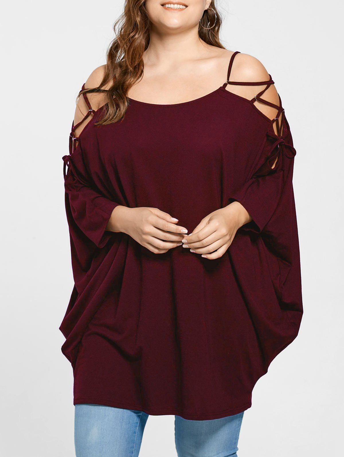 

Plus Size Open Shoulder Baggy Top, Wine red