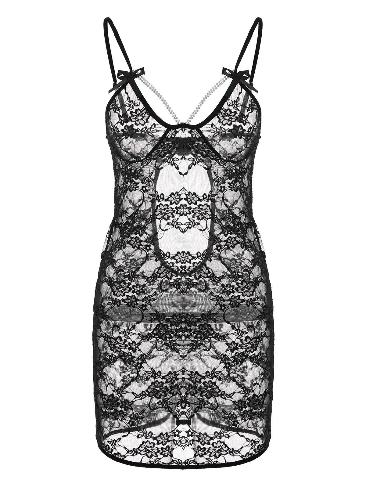 

Lace Open Back Sheer Slip Babydoll, Black