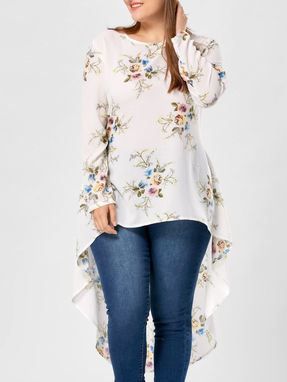 

Plus Size Tiny Floral High Low Hem Blouse, White