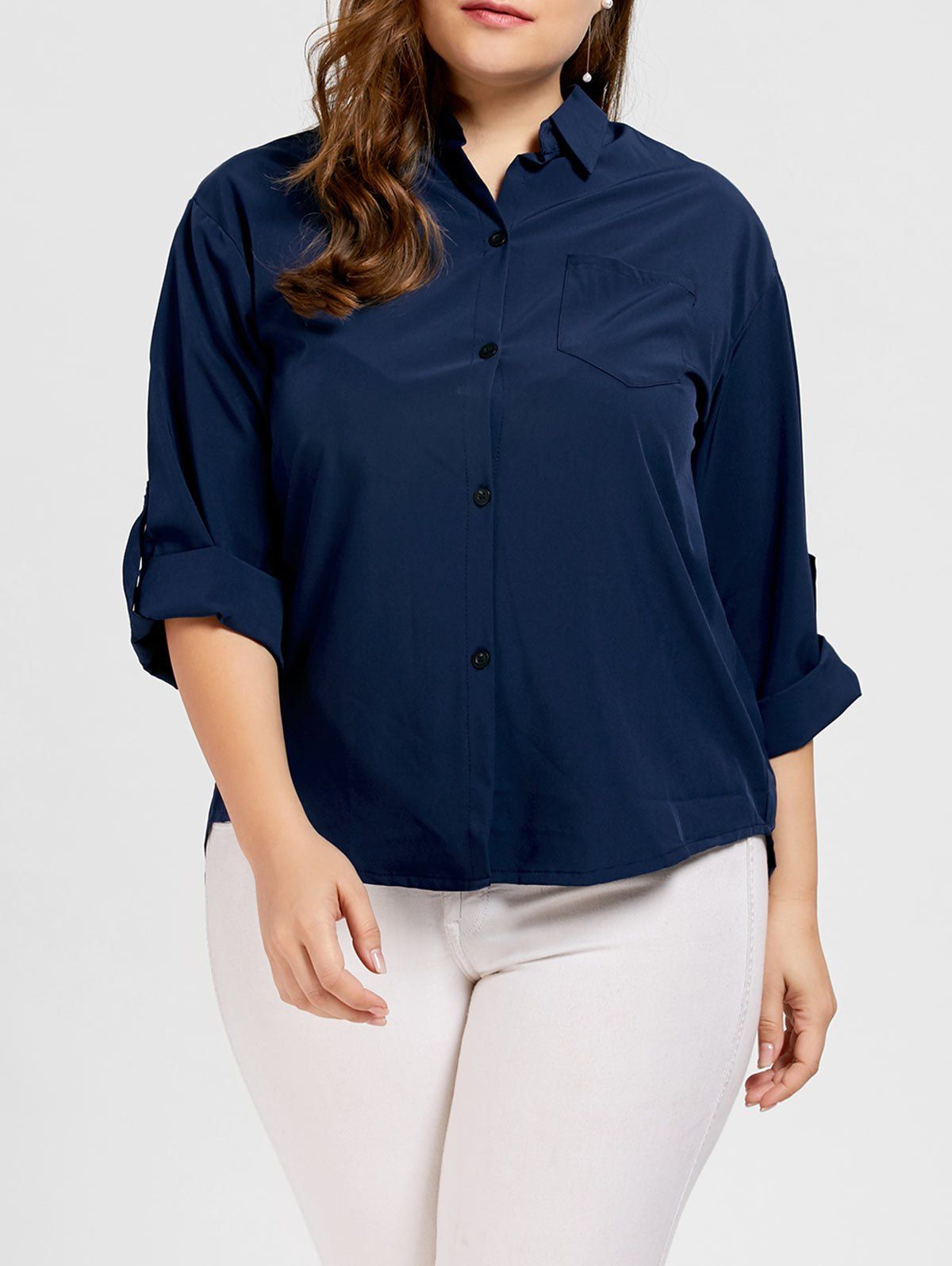 

Plus Size Button Up High Low Blouse, Purplish blue