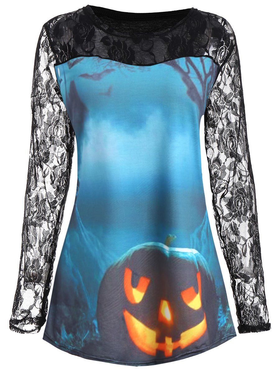 

Plus Size Halloween Pumpkin Lace Insert T-Shirt, Light blue