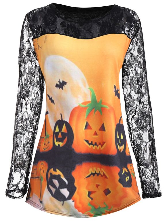 T-Shirt Grande Taille Halloween Citrouille Lune à Dentelle Plongée - Orange XL