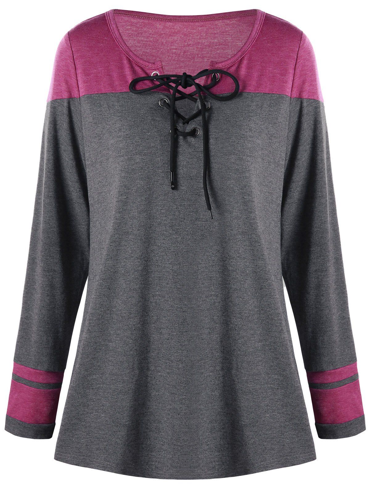 

Plus Size Two Tone Lace Up Top, Pink and grey