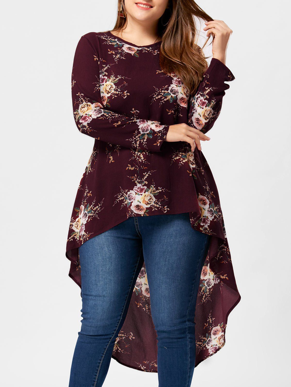 

Plus Size Tiny Floral High Low Hem Blouse, Wine red