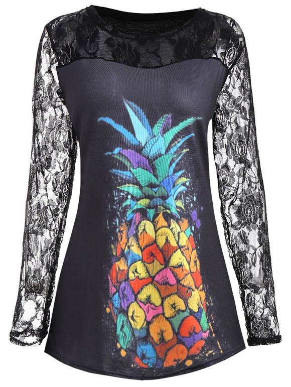 T-shirt Imprimé Ananas Floral à Empiècement Dentelle Grande Taille - Noir 3XL