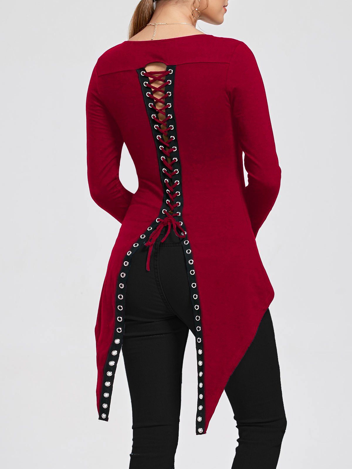 

Lace Up Slit Back Asymmetrical T-shirt, Red