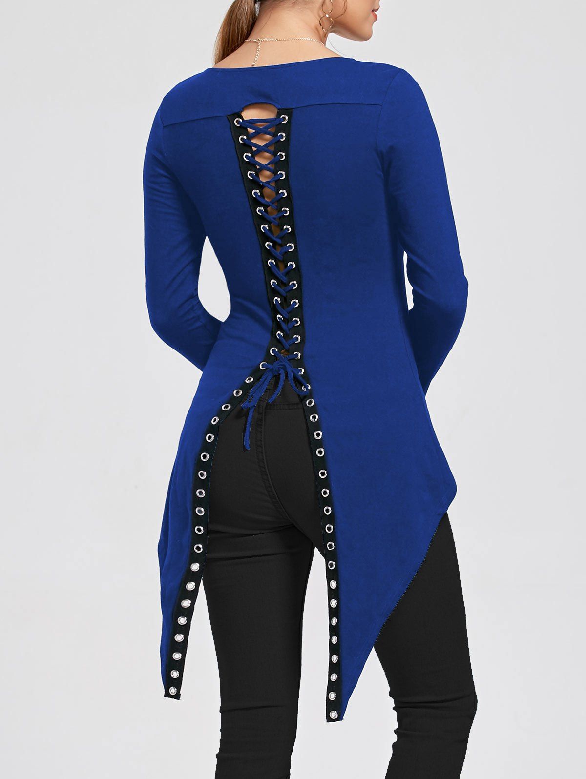 

Lace Up Slit Back Asymmetrical T-shirt, Blue