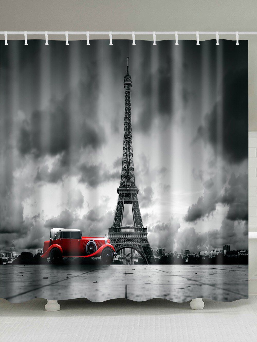

Effiel Tower Car Print Waterproof Bathroom Shower Curtain, Black grey