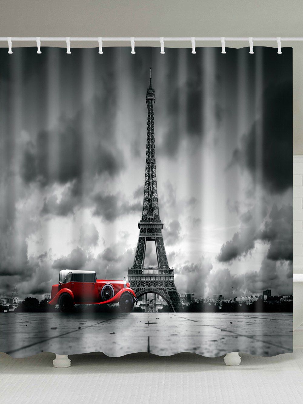 

Effiel Tower Car Print Waterproof Bathroom Shower Curtain, Black grey
