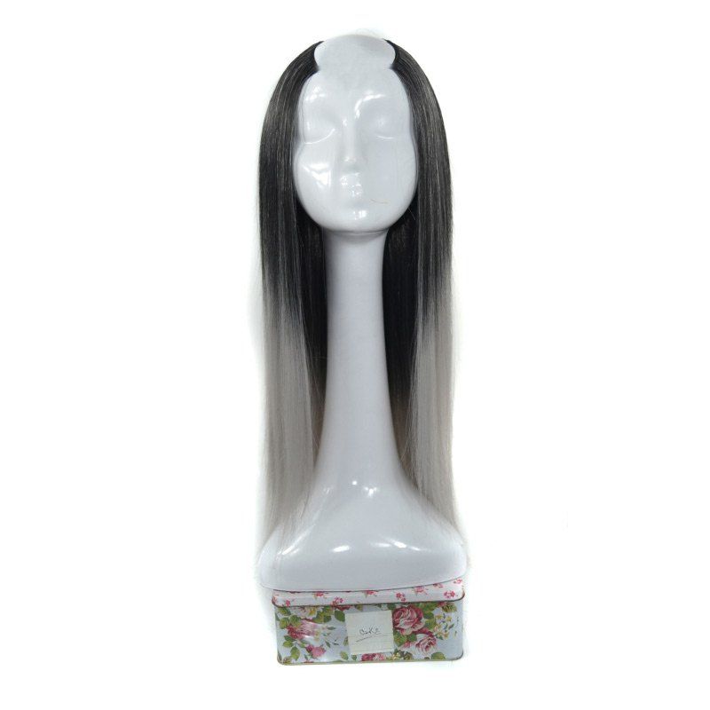 

Long U-Part Glossy Straight Synthetic Wig, Black and grey