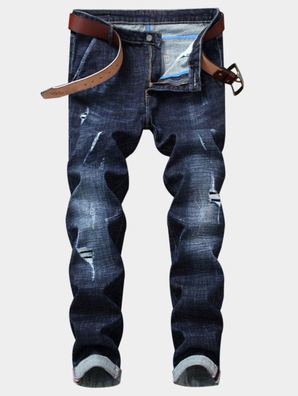 

Straight Leg Bleached Effect Ripped Jeans, Blue