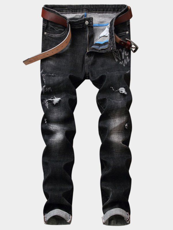 

Graphic Print Straight Leg Ripped Jeans, Deep gray