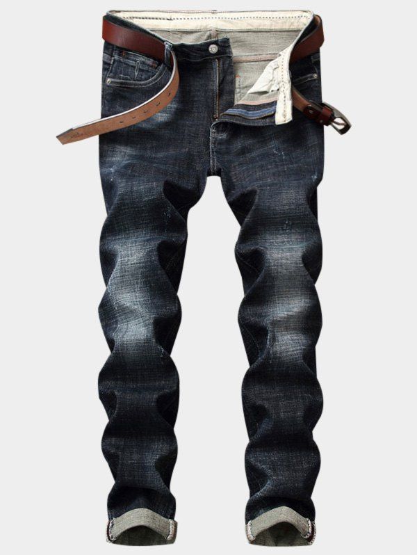 

Straight Leg Zipper Fly Distressed Jeans, Deep gray