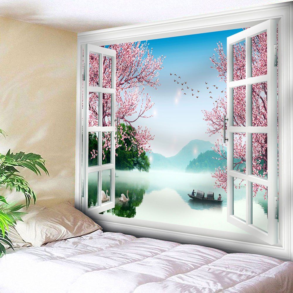 

Window Lake Boat Floral Wall Tapestry, Pink
