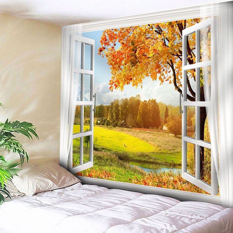 

Window Scenery Tree Pattern Wall Tapestry, Yellow