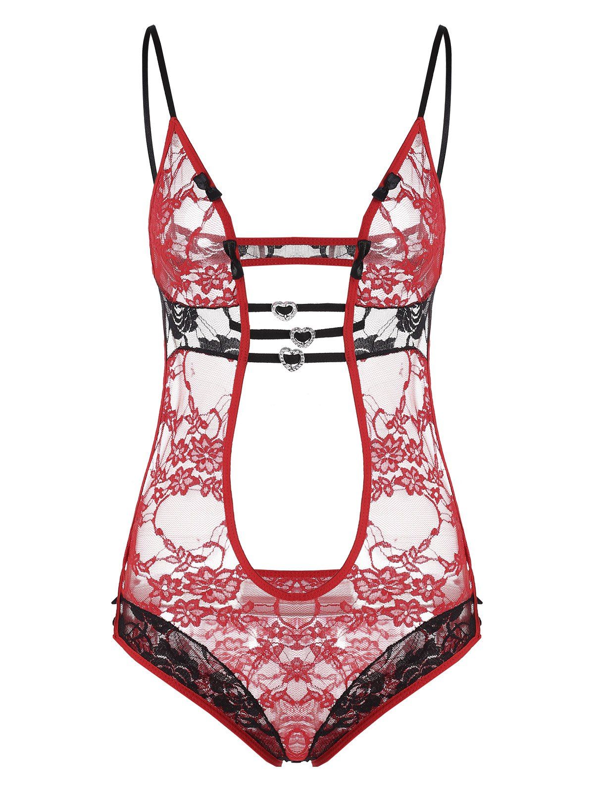 

Lace Plunging Neck Sheer Teddy, Red