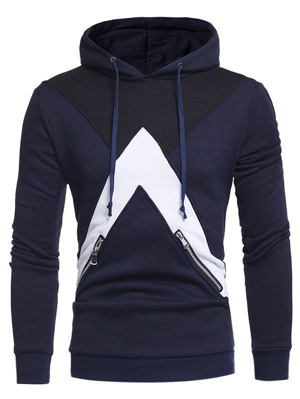 

Color Block Panel Fleece Zippers Embellished Hoodie, Cadetblue