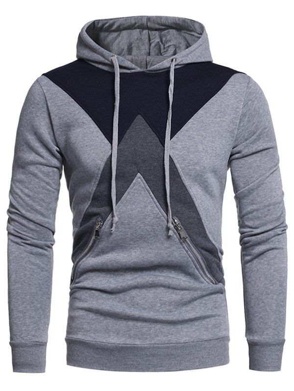 

Color Block Panel Fleece Zippers Embellished Hoodie, Light gray