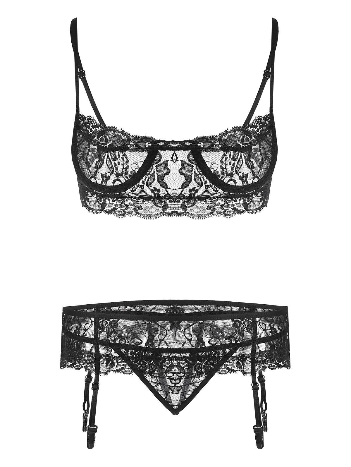 

Lace Sheer Lingerie Garter Bra Set, Black