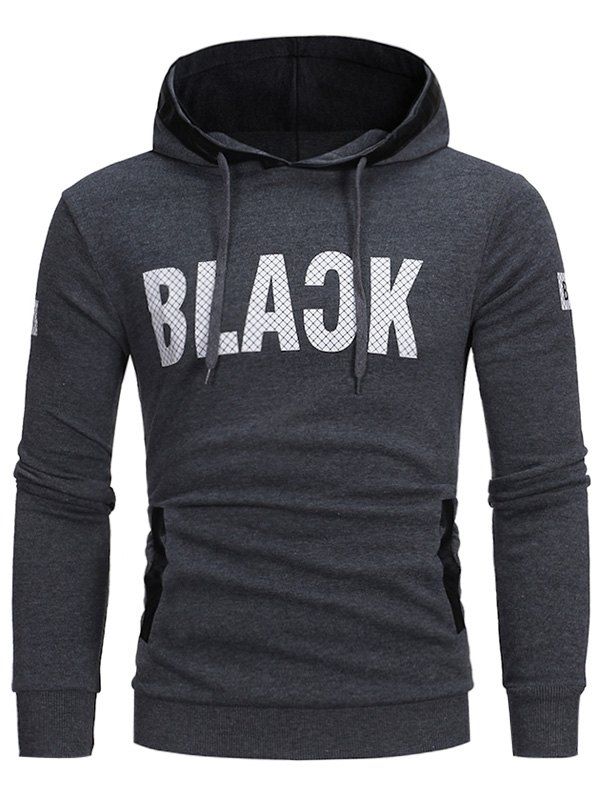 

PU Leather Panel Fleece Graphic Print Hoodie, Deep gray