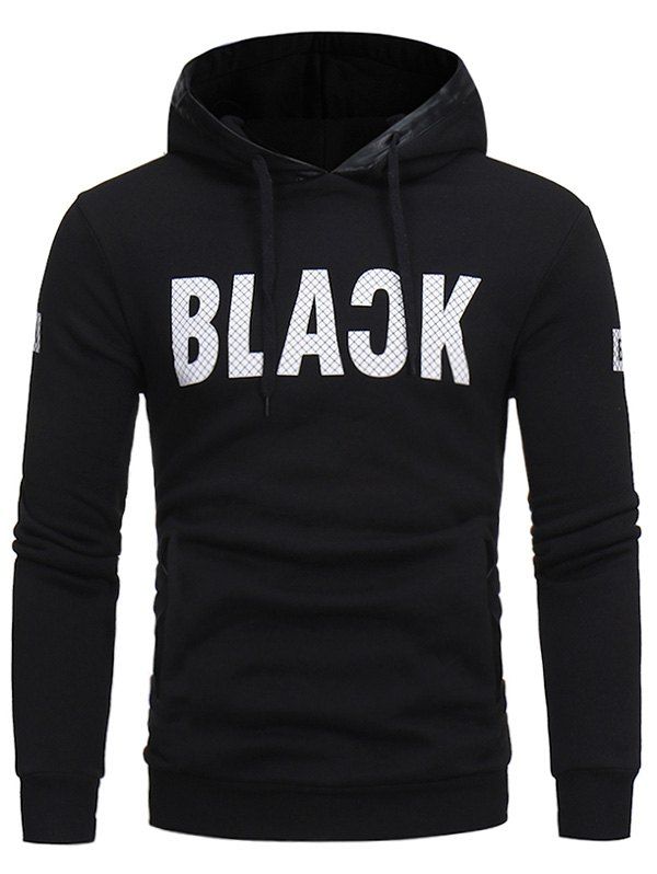 

PU Leather Panel Fleece Graphic Print Hoodie, Black
