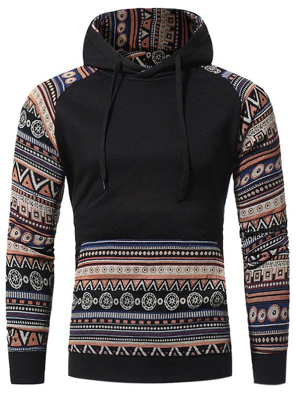 

Tribal Print Knitted Panel Pullover Fleece Hoodie, Black