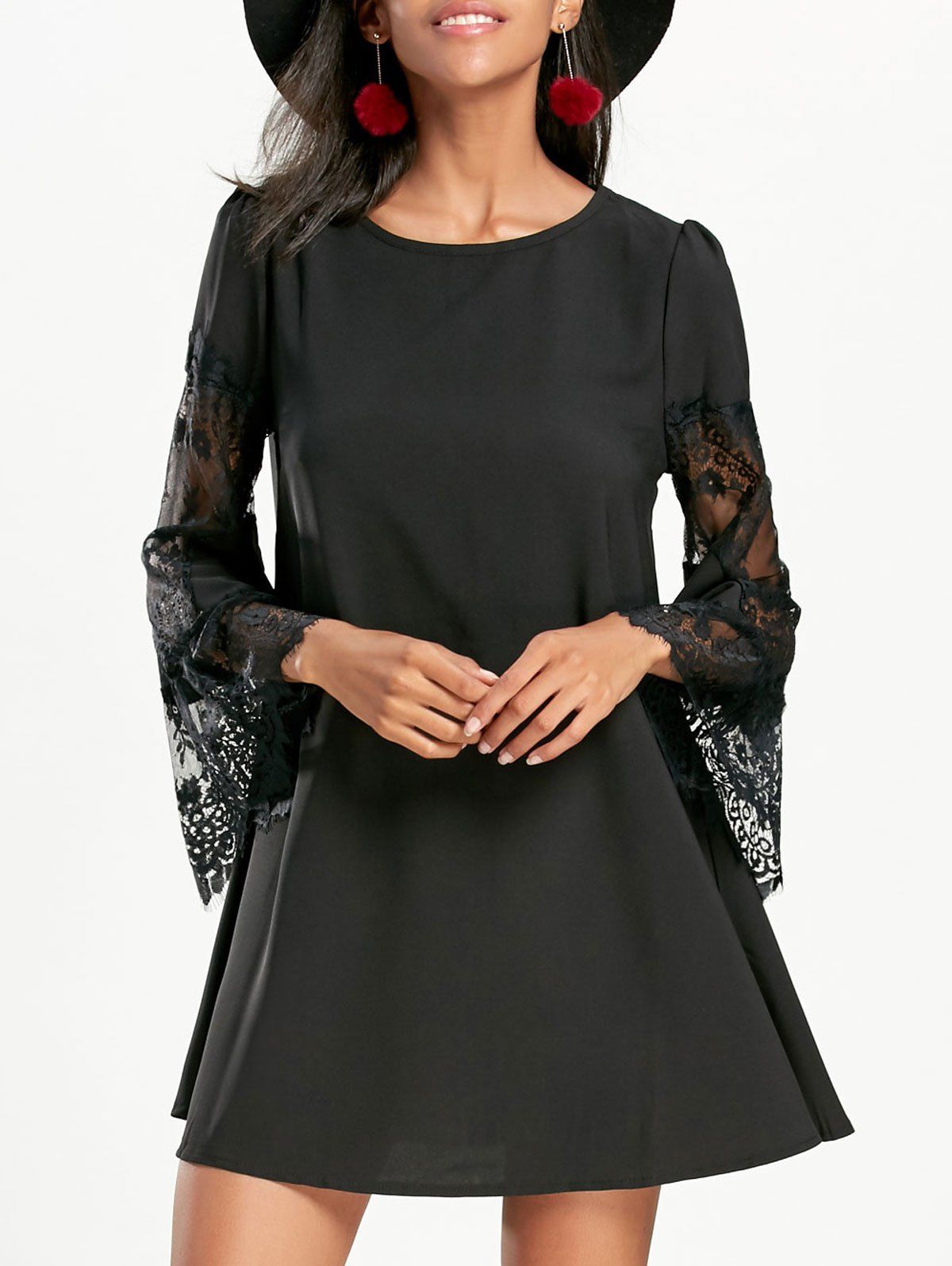 

Lace Insert Flare Sleeve Swing Dress, Black