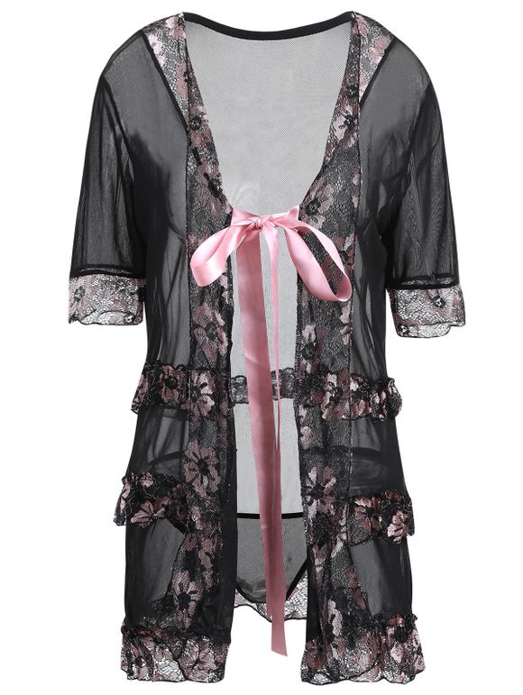 Pyjama Enveloppant Lingerie en Dentelle Florale Grande Taille - Noir 2XL