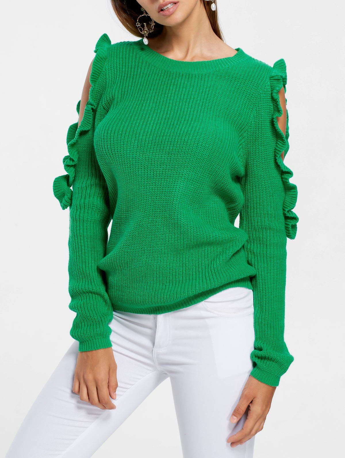 Frill Cold Shoulder Sweater - GREEN S