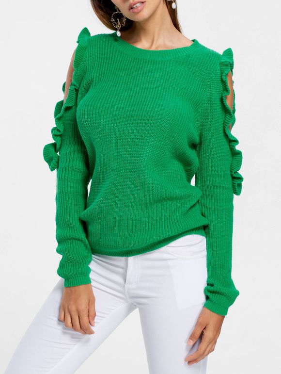 Frill Cold Shoulder Sweater - GREEN L