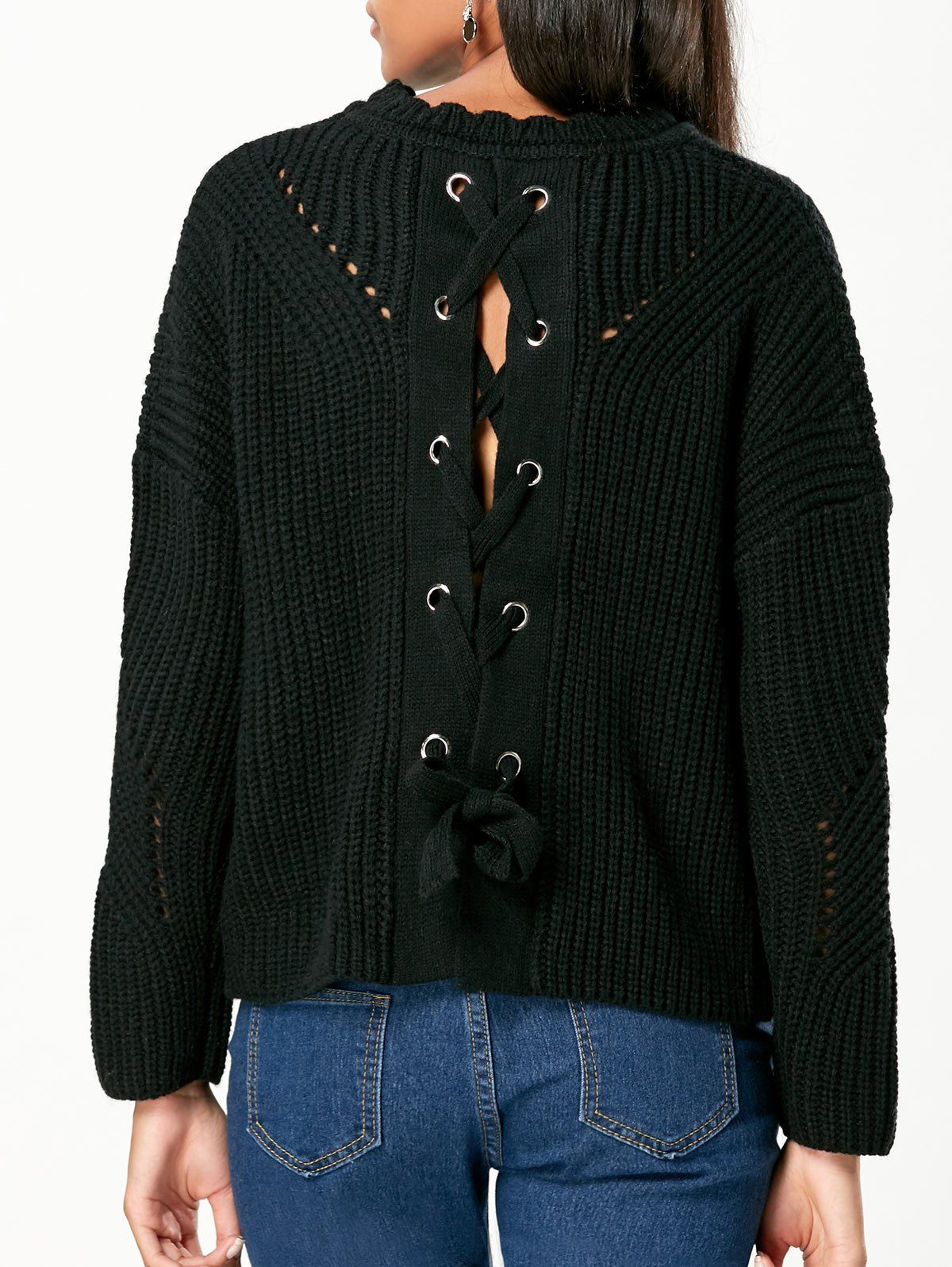 

Back Lace-up Drop Shoulder Sweater, Black