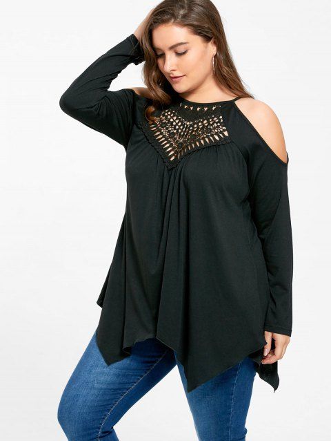 [17% OFF] 2019 Plus Size Openwork Cold Shoulder T-shirt In BLACK XL ...