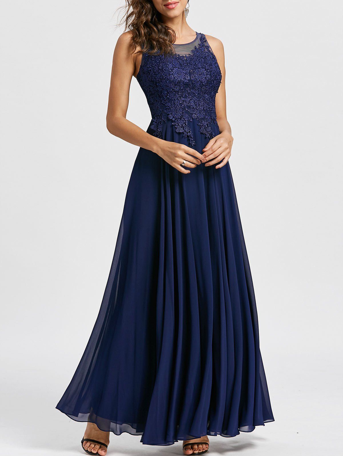 

Floral Applique Open Back Evening Dress, Purplish blue
