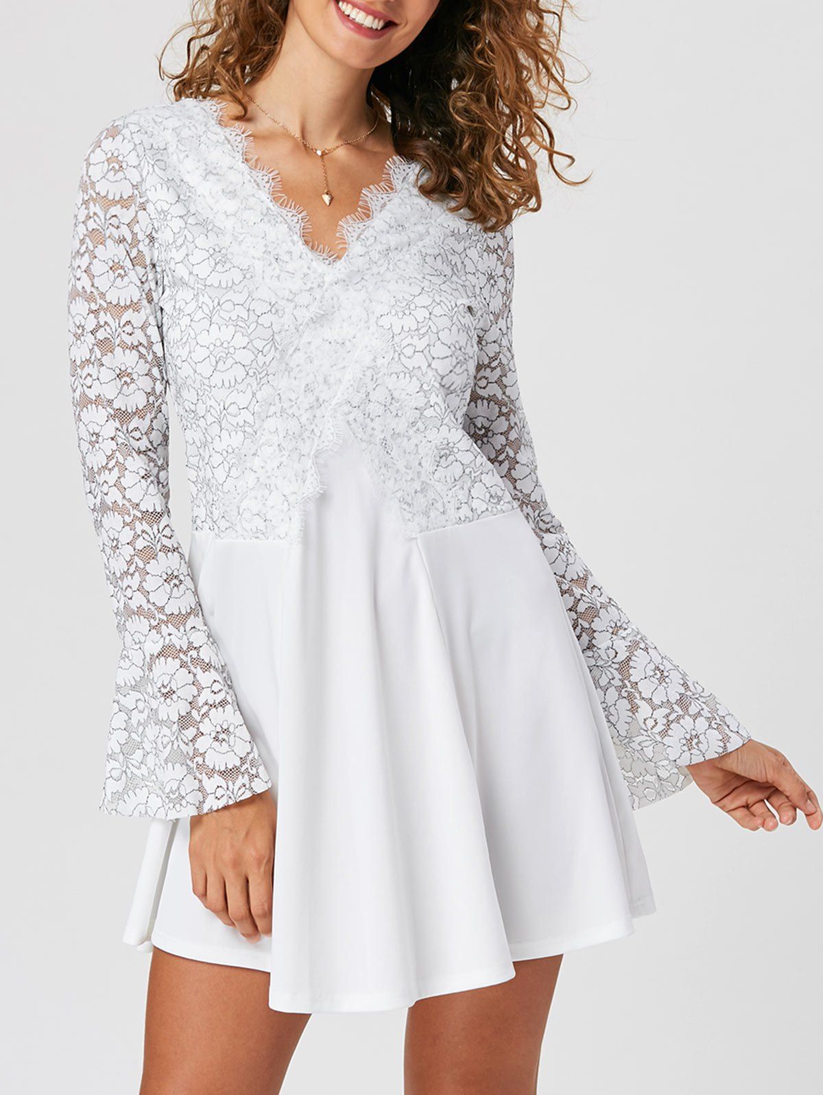 [41% OFF] 2020 Lace Trim Flare Sleeve Mini Dress In WHITE | DressLily