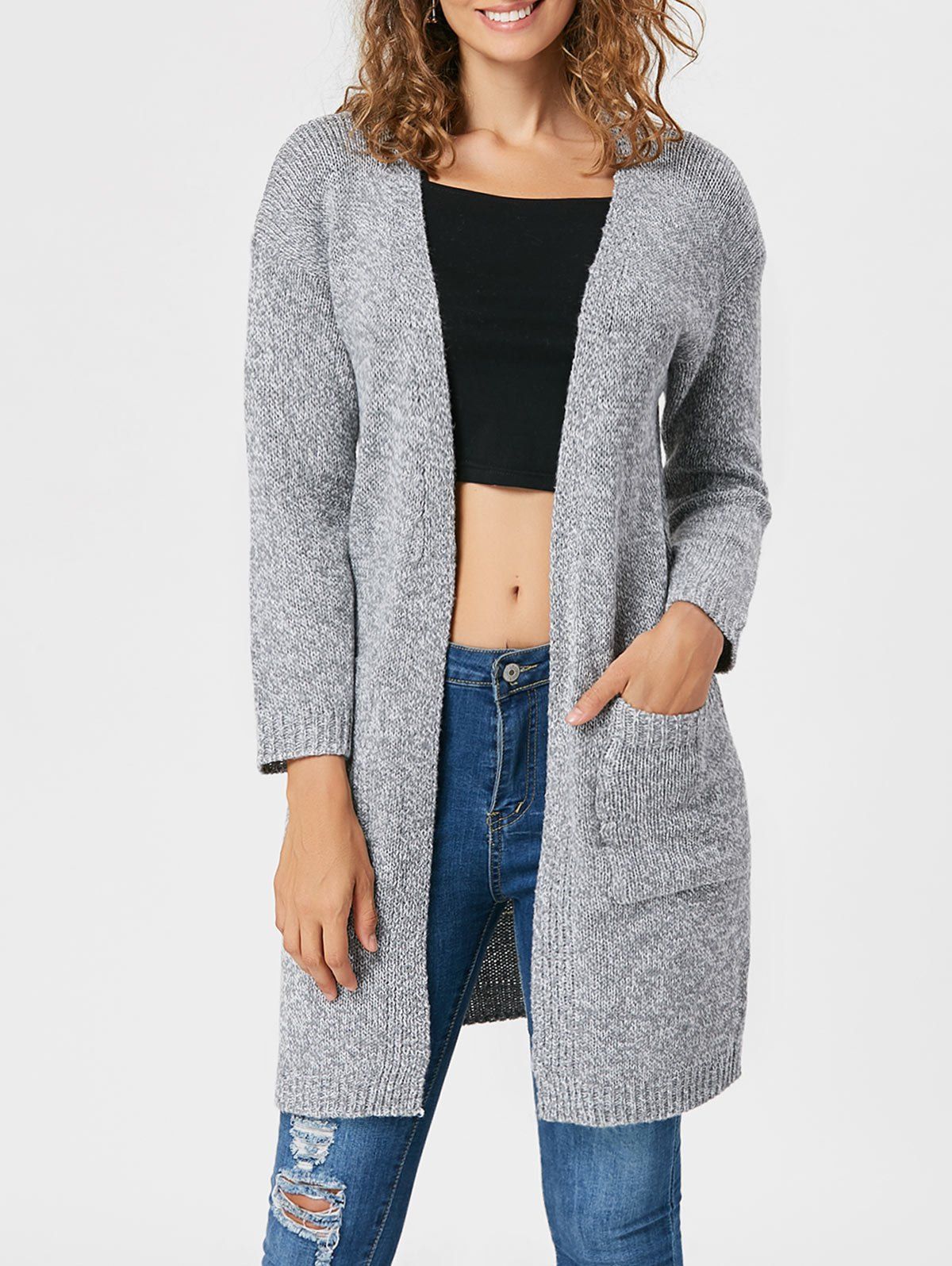 

Pockets Open Front Knitted Cardigan, Light gray