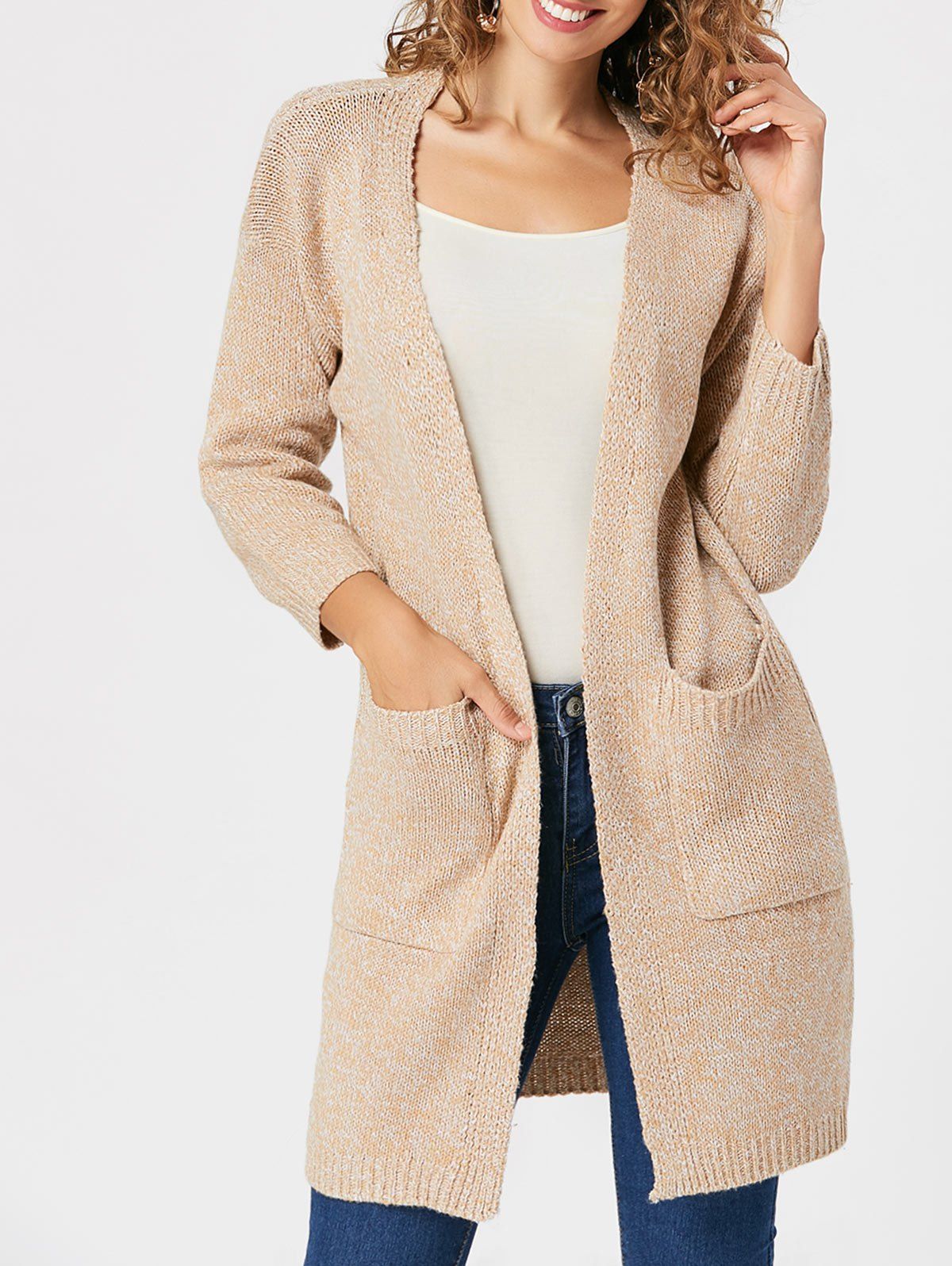 

Pockets Open Front Knitted Cardigan, Palomino