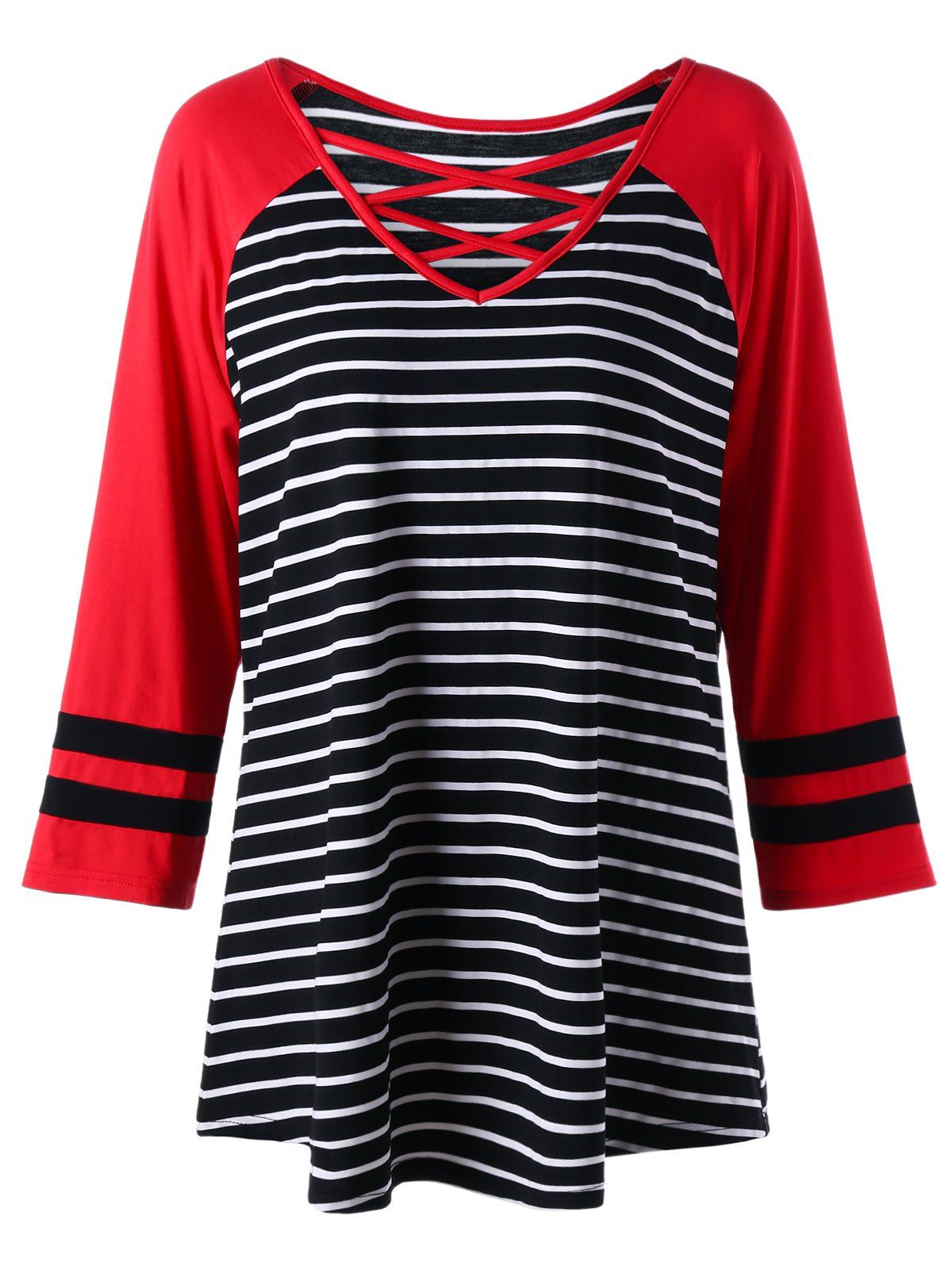 

Plus Size Lattice Neck Striped Tunic Top, Red