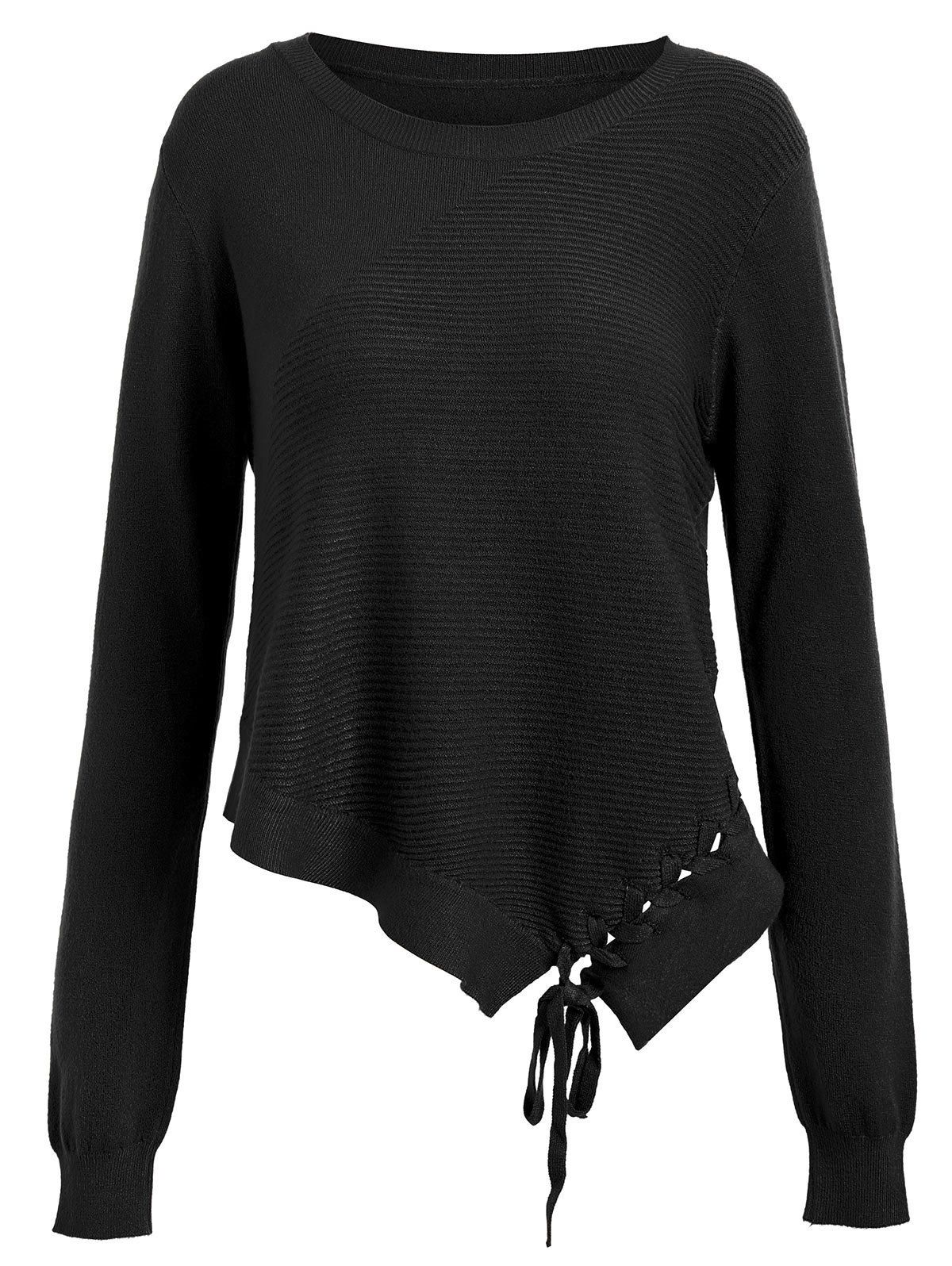 

Asymmetric Lace-up Knitted Sweater, Black