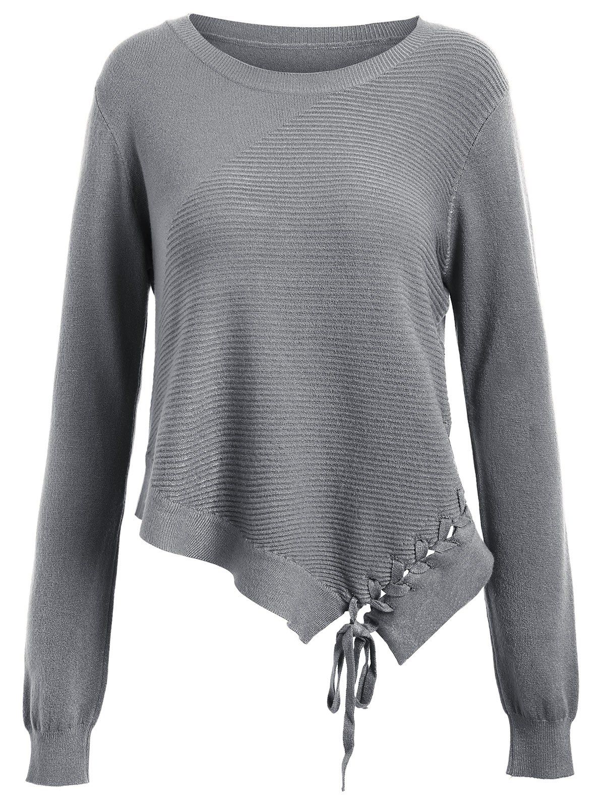 

Asymmetric Lace-up Knitted Sweater, Gray