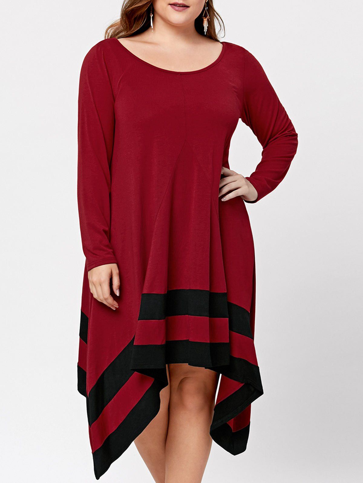 

Plus Size Long Sleeve Asymmetric Dress, Black&red