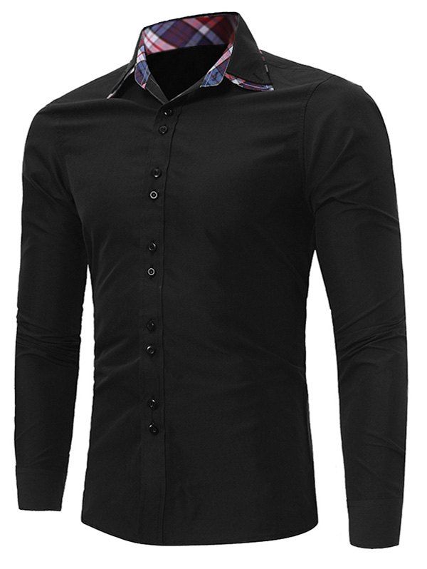 

Slim Fit Plaid Panel Button Down Shirt, Black