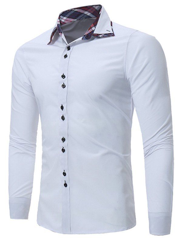 

Slim Fit Plaid Panel Button Down Shirt, White