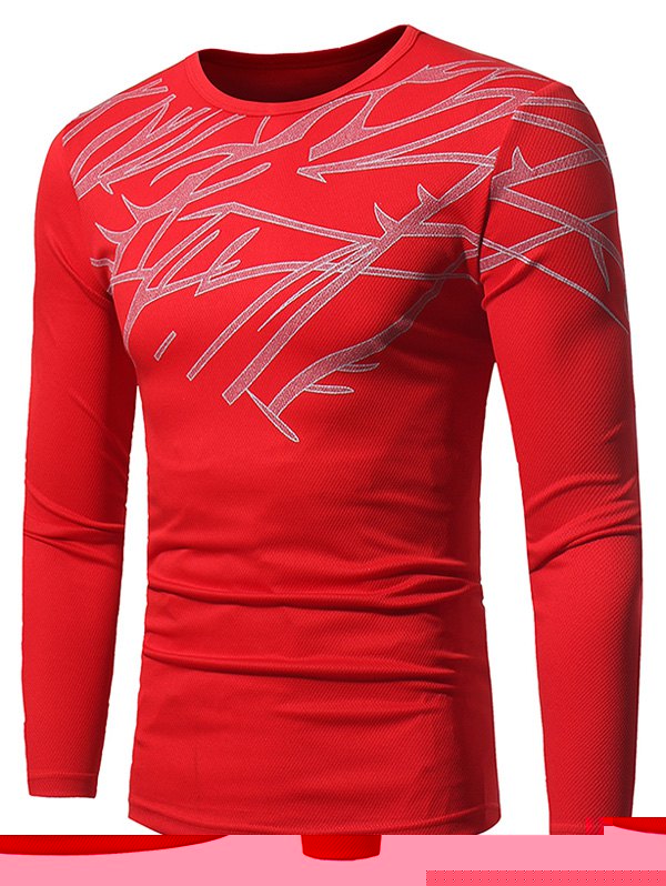 

Stretchy Openwork Printed Long Sleeve T-shirt, Red