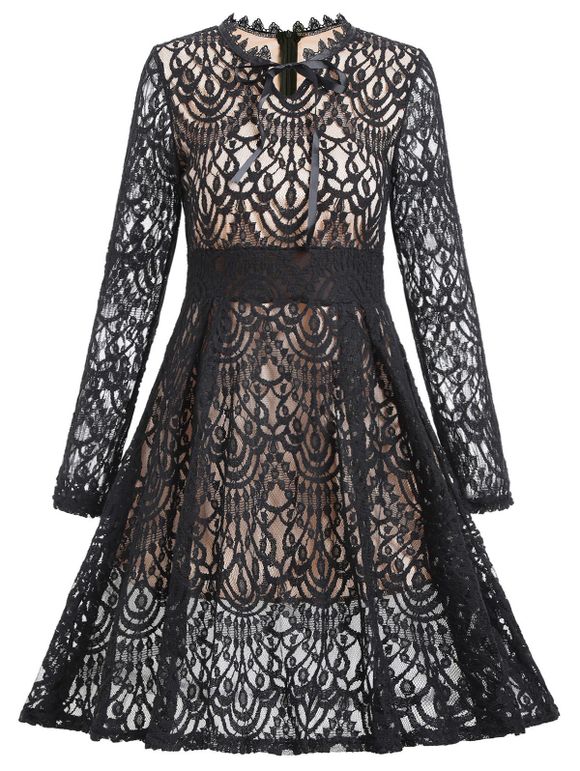 A Line Lace Long Sleeves Dress - Noir XL
