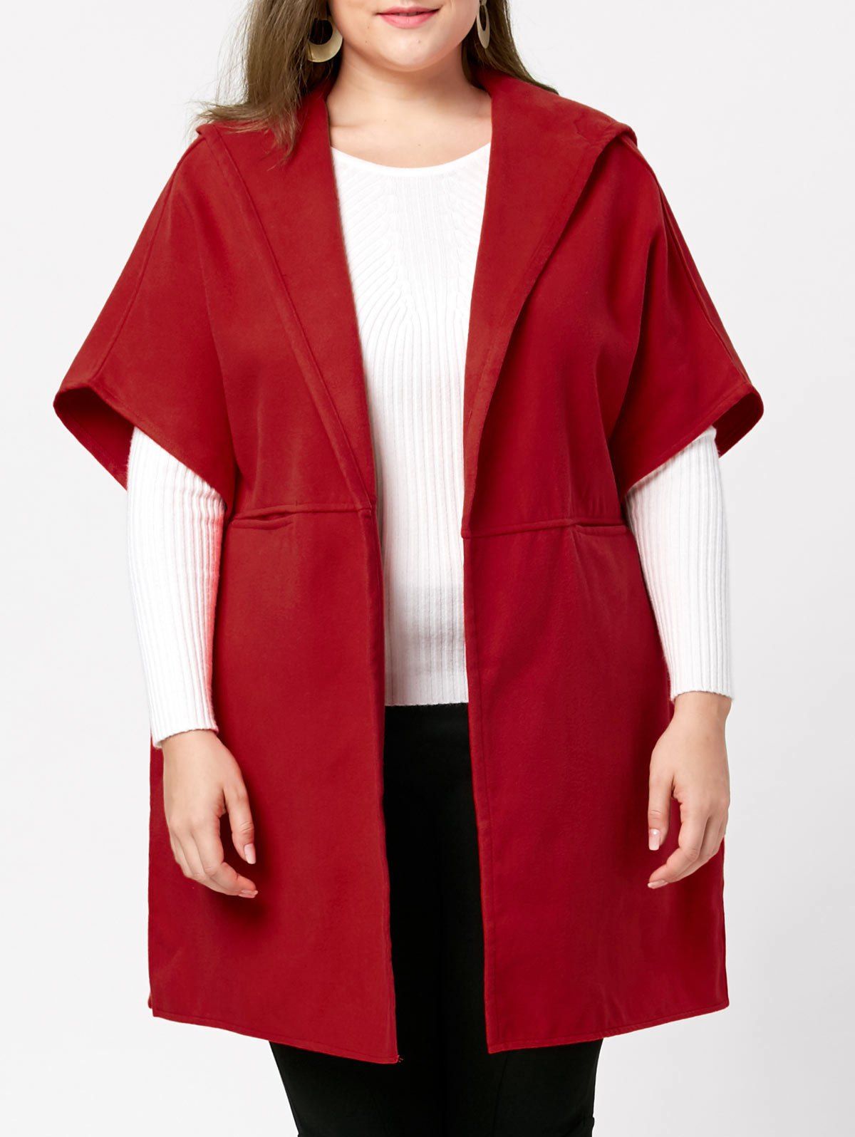 

Plus Size Wool Blend Hooded Poncho Coat, Red