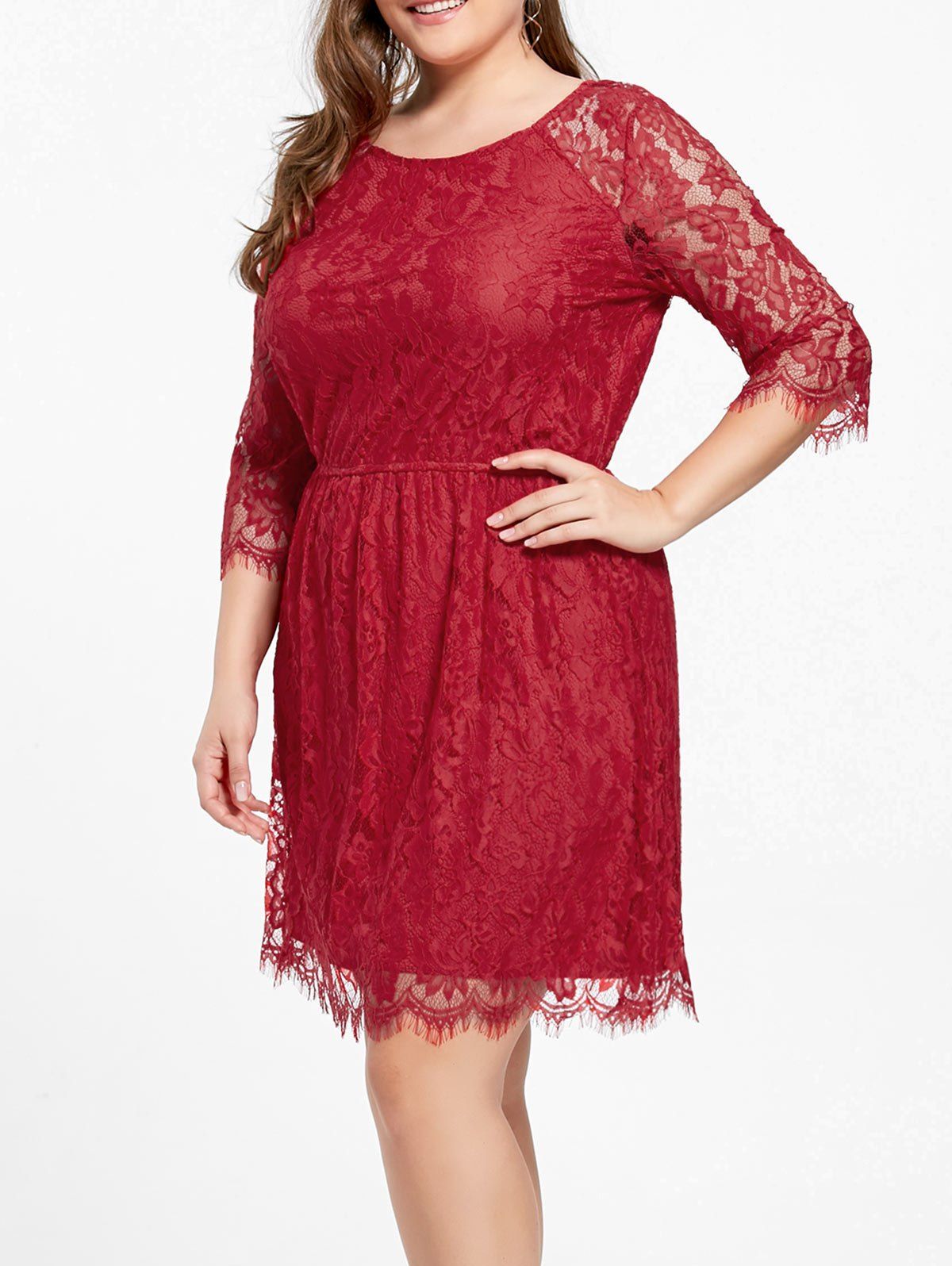 

Knee Length Plus Size Lace Formal Dress, Red
